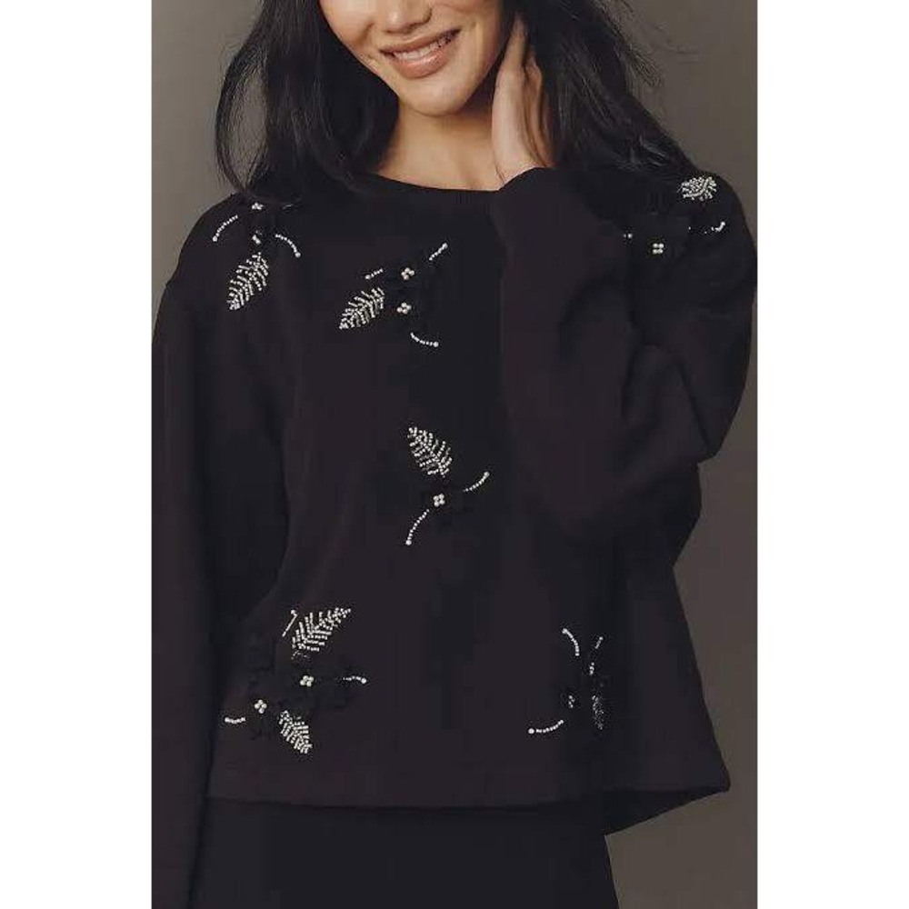 Anthropologie Black Crew-Neck Beaded Pearl 3-D Floral Pearl Beaded Sweatshirt XL